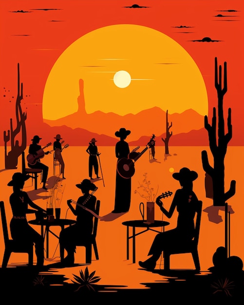 Vector mexican people playing music in silhouettes