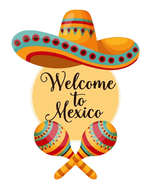 Mexican poster Welcome to Mexico, sombrero and maracas. Illustration, banner, vector