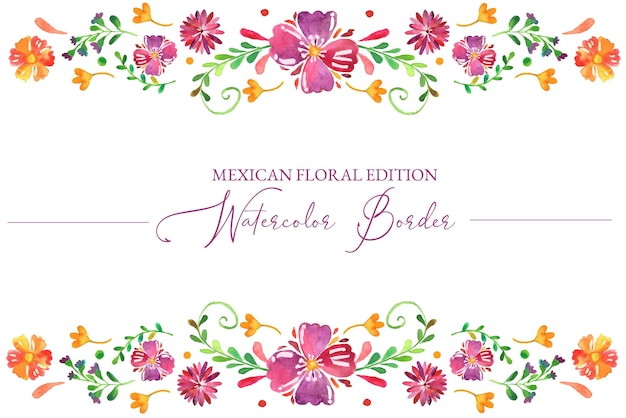 Mexican purple orange flower watercolor floral border