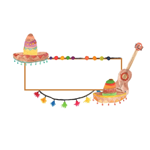 Vector mexican spanish party popper frame with spanish guitar and sombrero hat watercolor