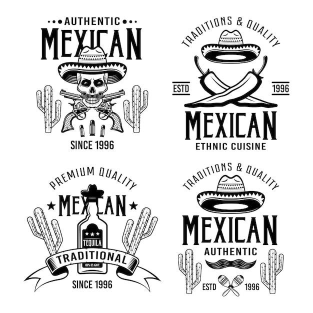 Mexican style set of four vector emblems labels badges or logos in monochrome isolated on white background