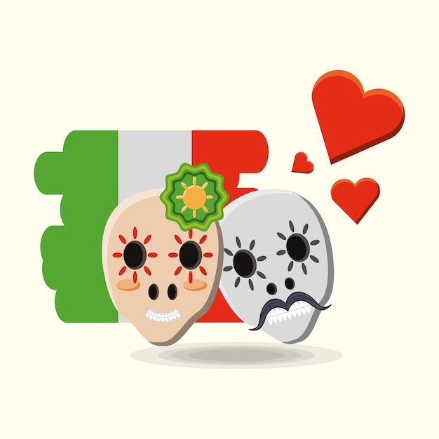 Mexican sugar skulls and hearts over mexican flag over white background