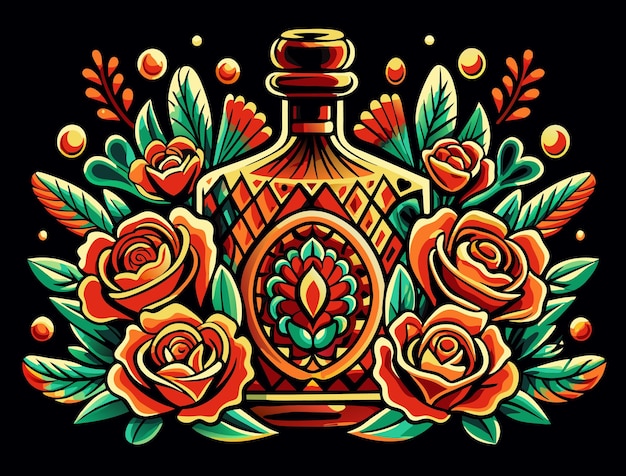 Mexican tequila bottle festival Cinco de mayo Retro old school roses chicano tattoo