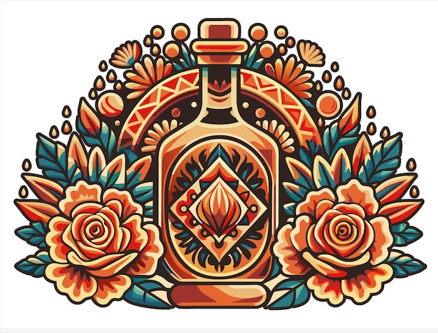 Mexican tequila bottle and roses for Mexico festive for festival dia de los muertos or Cinco de mayo