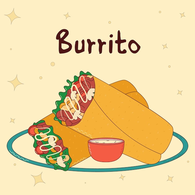 Mexican traditional food Burrito Vector illustration in hand drawn style