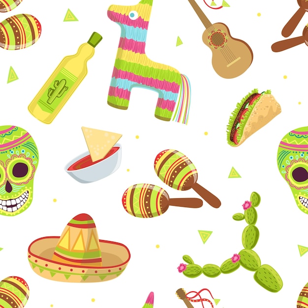 Mexican Travelling Symbols Seamless Pattern Travel to Mexico Design Element Can Be Used for Fabric Wallpaper Packaging Web Page Vector Illustration