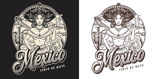 Vector mexican waitress in sombrero badge