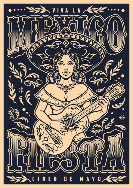 Mexican woman guitarist monochrome poster