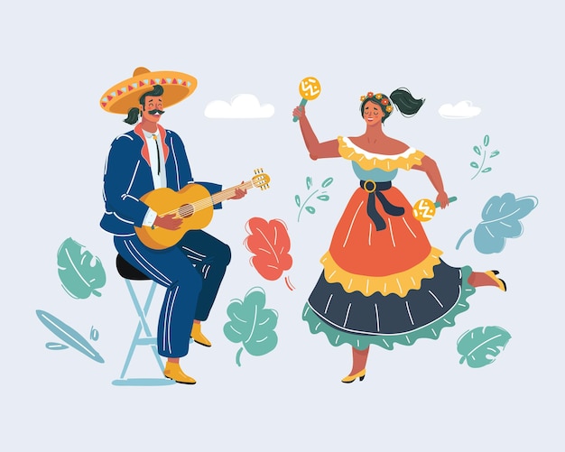 Mexican woman and man play guitar and danceing