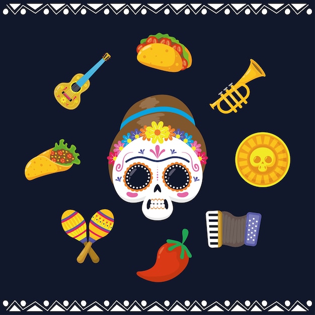 Mexican woman skull and set flat style icons