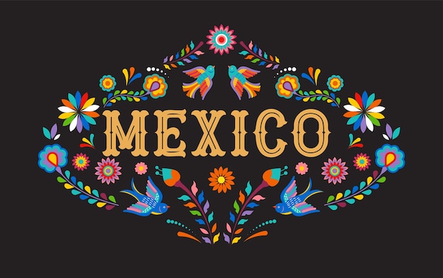 Mexico banner with colorful mexican flowers birds and elements