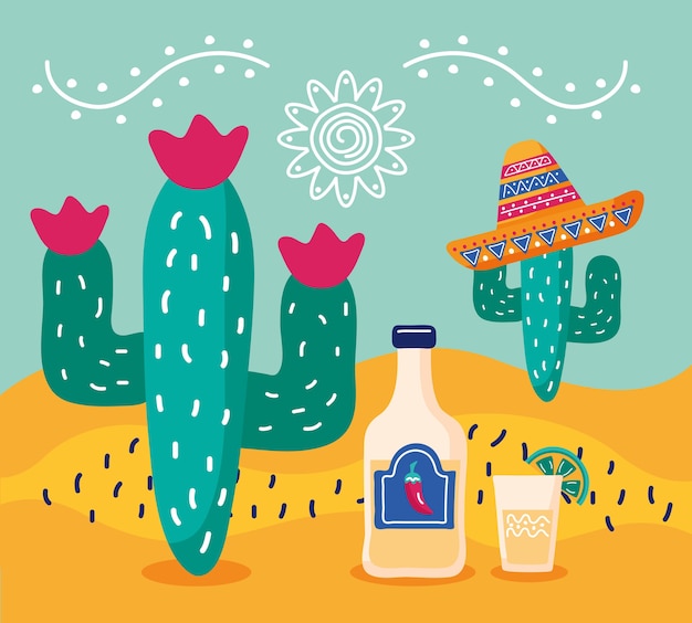 Mexico celebration party with cactus wearing mariachi hat and tequila bottle