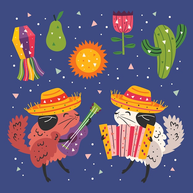 Mexico clip art. Little cute chinchillas in sombrero with guitar, button accordion, cactus, grass and flags. Mexican party.  Flat colourful   illustration set