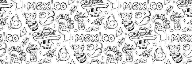 Mexico doodle pattern cinco de mayo celebration background mexican food taco avocado chili cactus