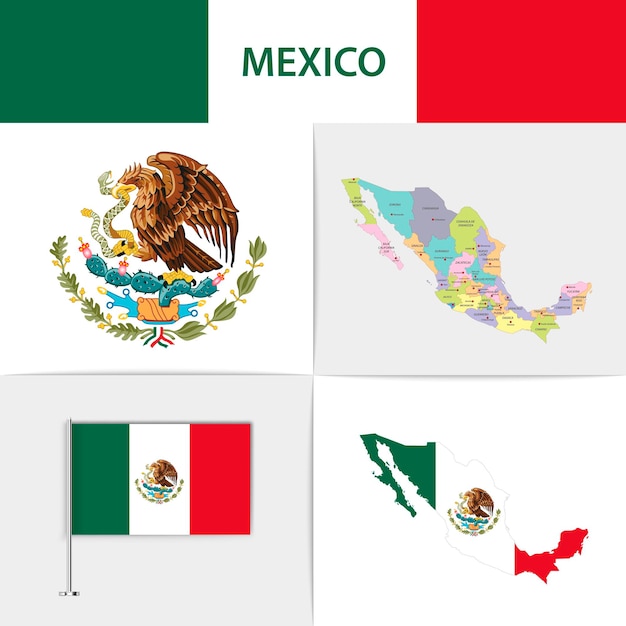 Mexico flag map and coat of arms