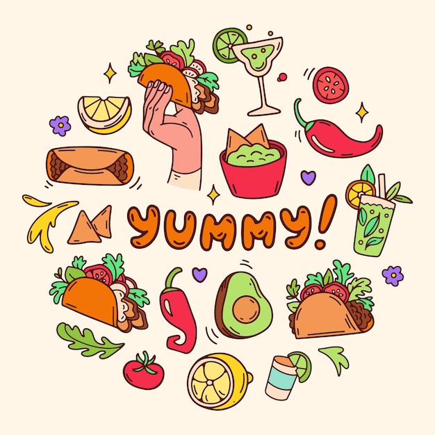 Mexico food doodle icon set Delicious traditional Mexican cuisine Taco avocado guacamole chili