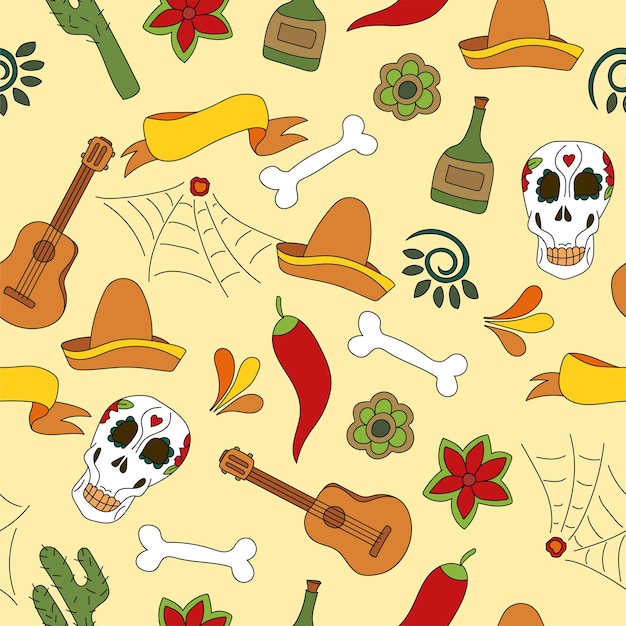 Mexico icons seamless pattern vector illustration. Traditional mexican elements background carnival or festival