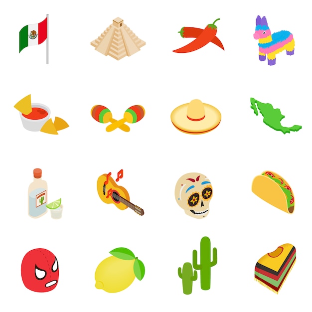 Mexico isometric 3d icons set isolated on white background