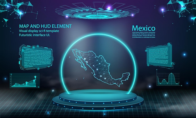 Mexico map light connecting effect background abstract digital technology UI GUI futuristic HUD Virtual Interface with mexico map Stage futuristic podium in fog