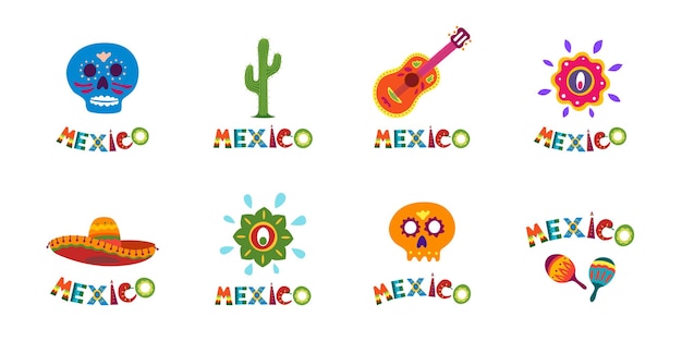 Mexico typography banner collection with colorful text decoration set festive mexican sombrero and