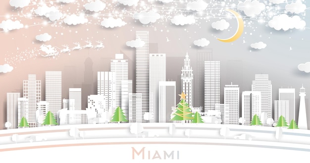 Miami Florida City Skyline in Paper Cut Style with Snowflakes Moon and Neon Garland