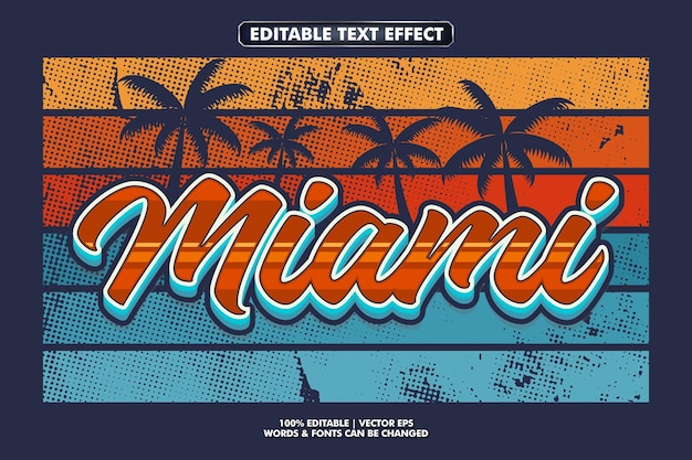 miami retro text effect with grunge vintage sunset illustration