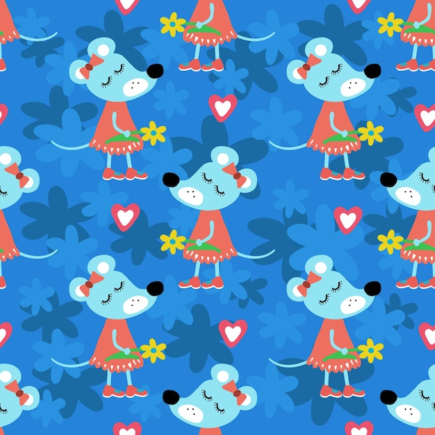 Mice in dresses on a blue background pattern for fabric