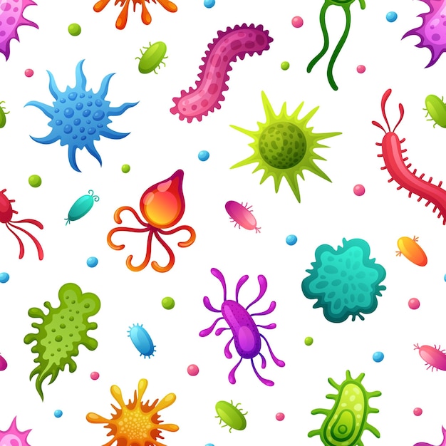 Vector microbes pattern cartoon microbe and infectious viruses background flat infection cells and bacteria garish germ or microorganism vector seamless texture