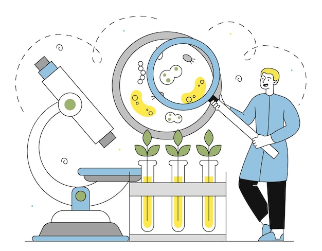 Vector microbiological research linear concept man with magnifying glass and microscope near plants stems