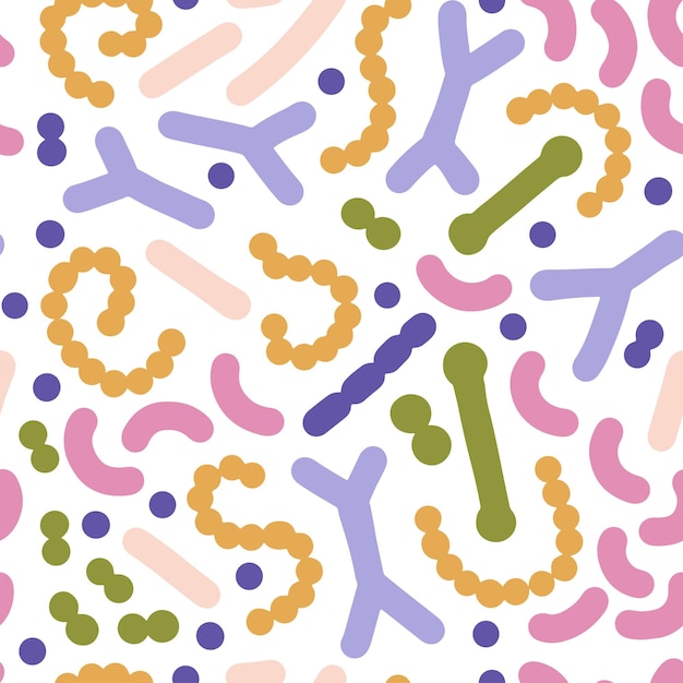 Microbiome seamless pattern probiotic bacteria background with lactobacillus bifidobacteria acidophi