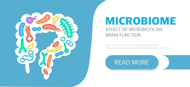 Microbiome website landing page template with intestines and bacteria mailing list advertising label