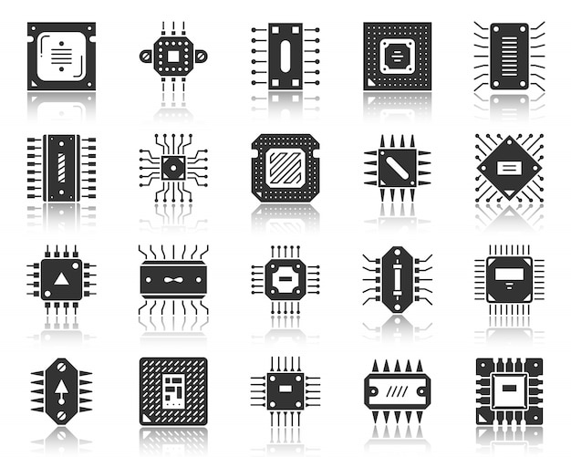 Microchip cpu black glyph, silhouette icon set, microprocessor pc component, hi tech technology.