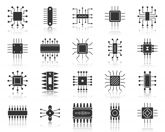 Microchip glyph, black silhouette icon set, microprocessor, cpu, computer motherboard, microscheme.