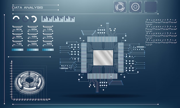 Microchip processor with lights. Circuit board Technology