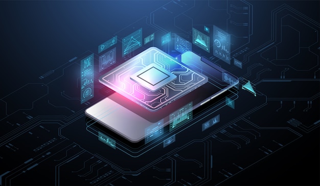 Microchip processor with lights effects. cybernetic system, futuristic computing technology. Analysis and scanning of the chip. CPU - big database, processing, rapid analysing. Hud interface.