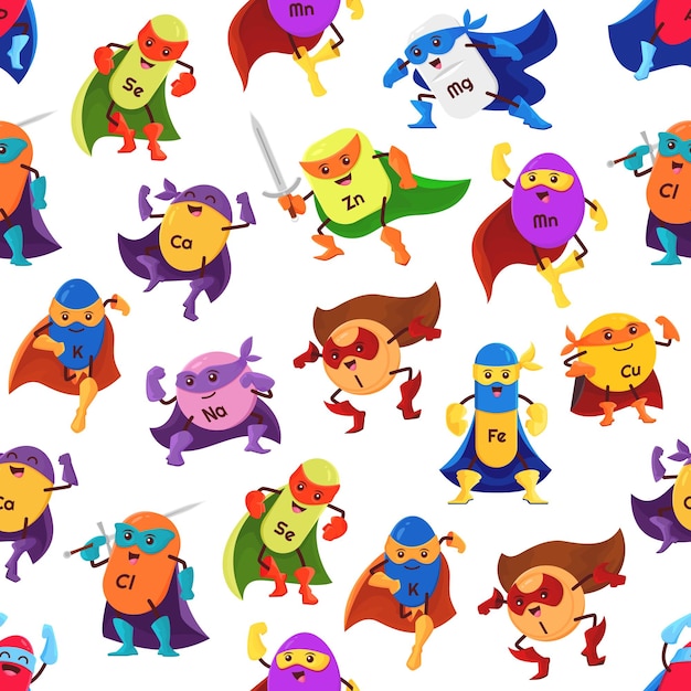 Micronutrient superhero character seamless pattern