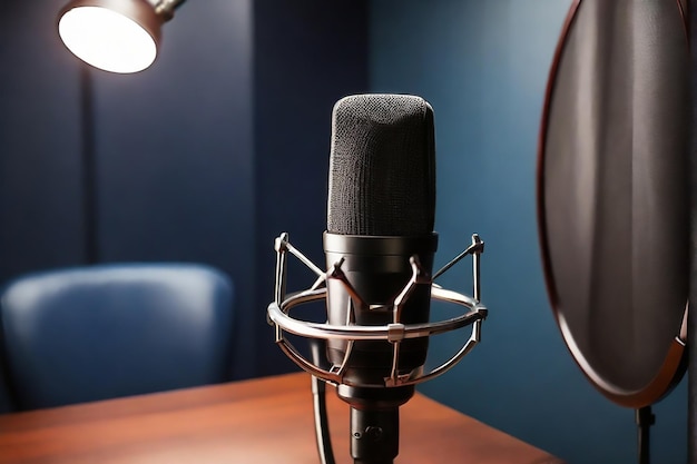 a microphone sits on a table with a blue background