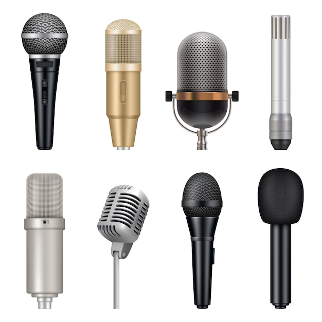 Microphones realistic. Audio studio equipment for singing and talking vector templates set. Studio karaoke tools, speech entertainment vocal mic for record illustration