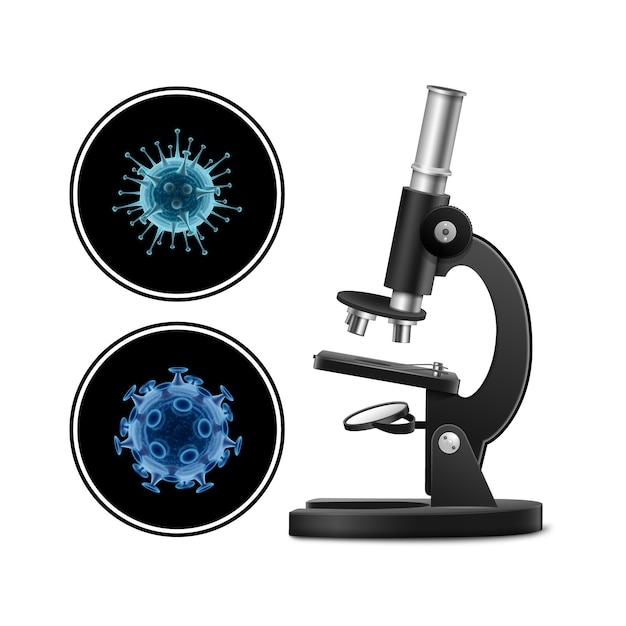 Microscope with bacteria illustration isolated on white background. Virus concept. Microscope virus close up. Clinical research.