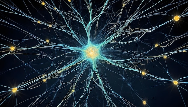 Microscopic view of a neuron with glowing dendrites and synapses firing representing the complexities of the brain and nervous system