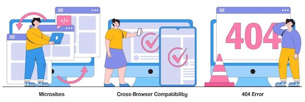 Microsite interface, cross-browser compatibility, 404 error concept with tiny people. Web development vector illustration set. Programming, company page, page not found, website user metaphor.