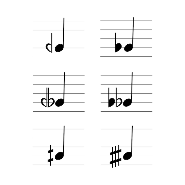 Vector microtone symbols set on staff flat vector musical notation symbol flashcard for learning music