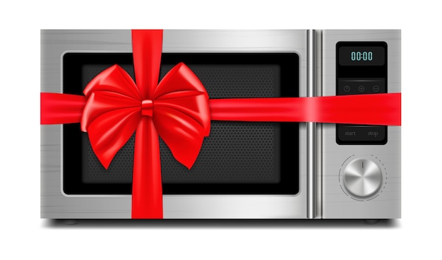 Microwave with red ribbon and bow 3D rendering Gift concept Realistic vector illustration isolated on white background