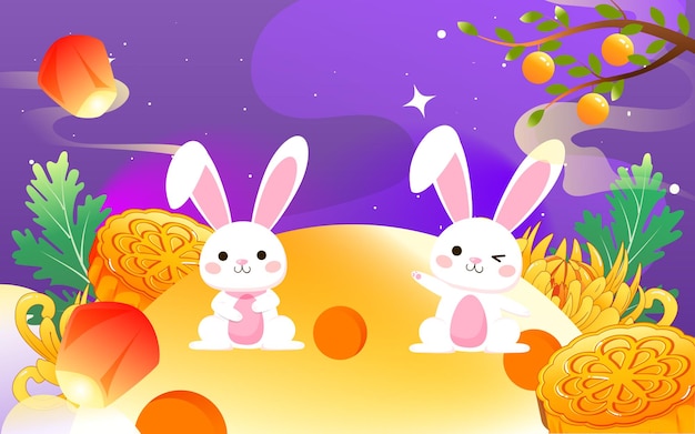 Mid-autumn festival on August 15th, rabbit is admiring the moon with moon cakes and clouds