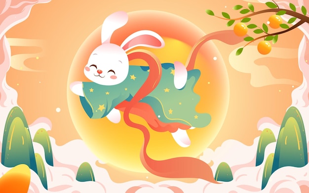 Mid-autumn festival on August 15th, traditional mythology of jade rabbit worshiping the moon, vector