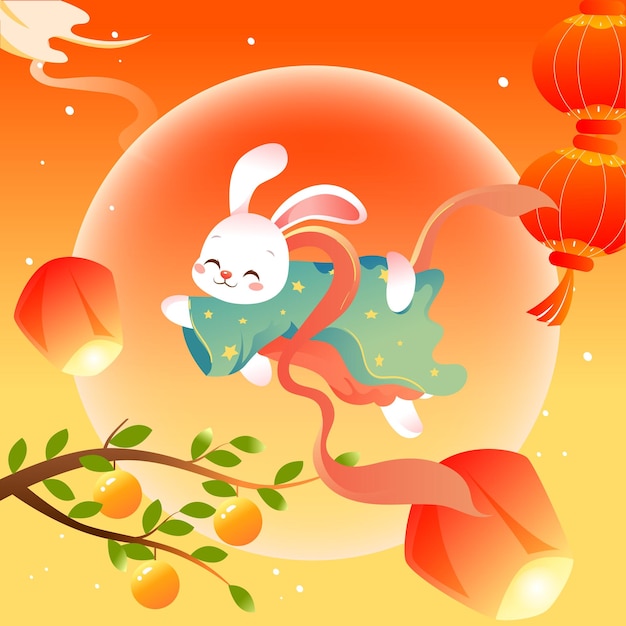 Mid-autumn festival on August 15th, traditional mythology of jade rabbit worshiping the moon, vector