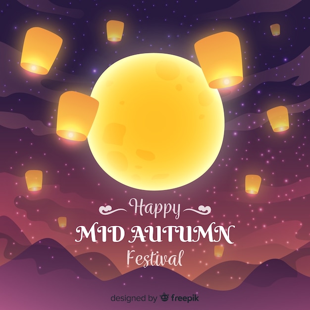 Mid autumn festival background in hand drawn style with big moon