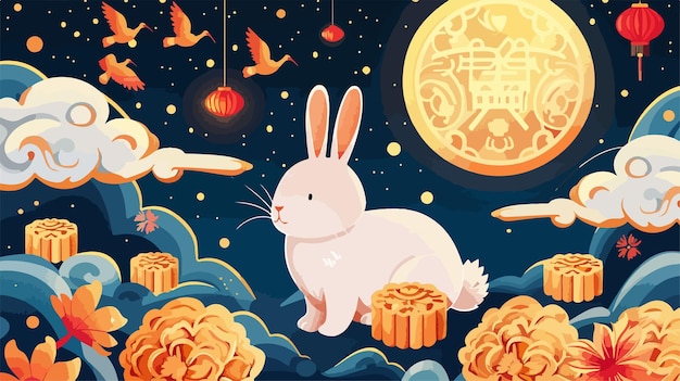 Mid Autumn Festival Banner Design with Cute Rabbit