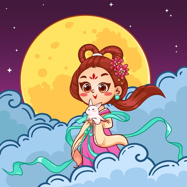 Mid-Autumn Festival banner with beautiful girl flying with jade rabbit in the sky