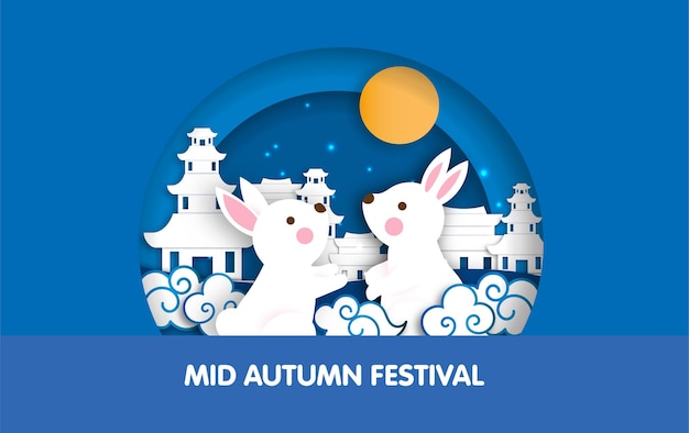 mid autumn festival banner with cute rabbits in paper cut style